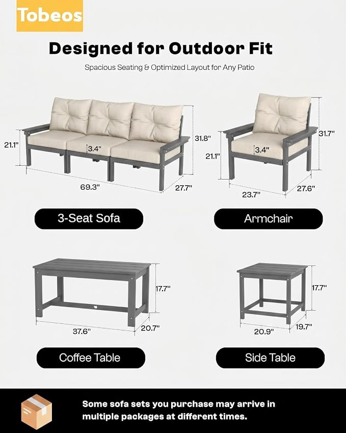 HDPE 7 Piece Patio Furniture Set, All-Weather Outdoor Couch Set with Thick Cushions & Coffee Table & Side Table, Patio Conversation Sets for Lawn, Garden, Porch, Balcony, Deck, Grey & Beige