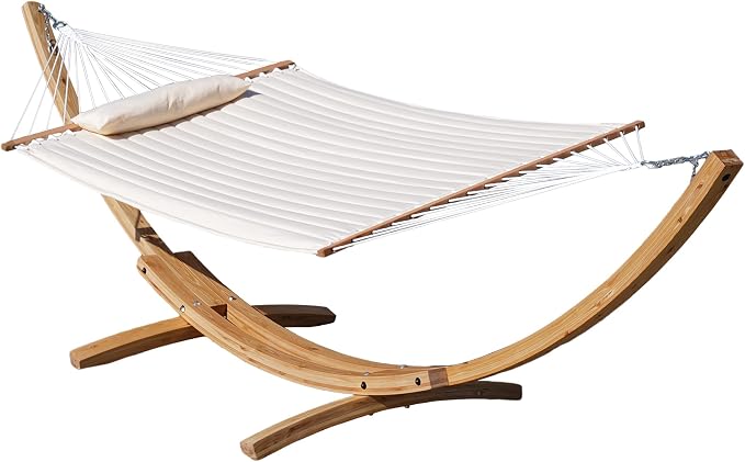 Lazy Daze Hammocks 12 FT Double Quilted Fabric Hammock and 13 FT Natural Wood Arc Stand, with Spreader Bar, Removable Pillow, 2 Person Hammock for Poolside Outdoor Patio, 450 lbs Capacity, Natural