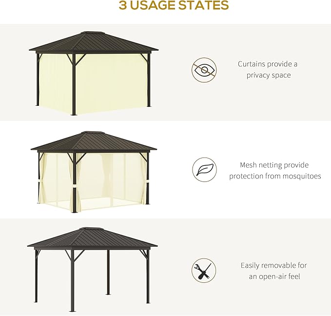 Outsunny 10' x 12' Hardtop Gazebo with Curtains and Netting, Permanent Pavilion Metal Single Roof Gazebo Canopy with Aluminum Frame and Hooks, for Garden, Patio, Backyard, Cream White