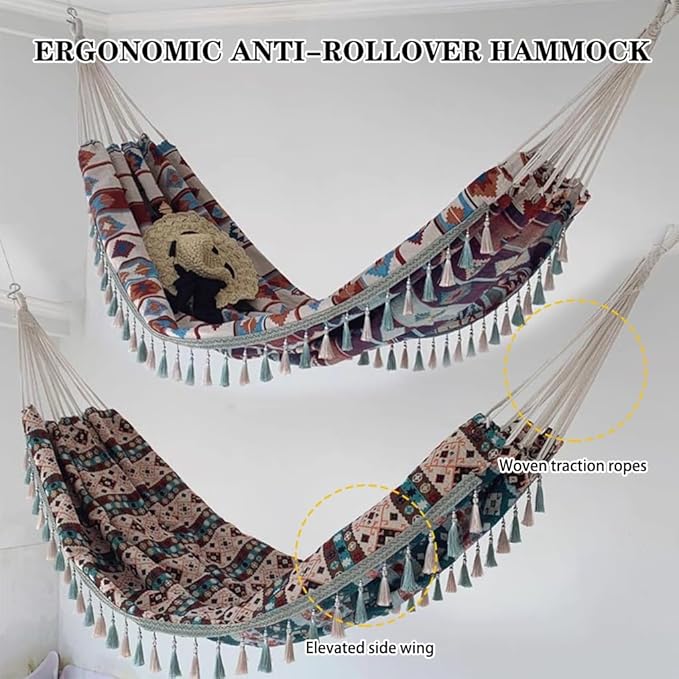 Colorful Ethnic Print Decorative Hammock, Double Hanging Bed with Tassels, Anti-Rollover/Easy to Set Up, Load Bearing 150kg/330.7lbs(Print B)