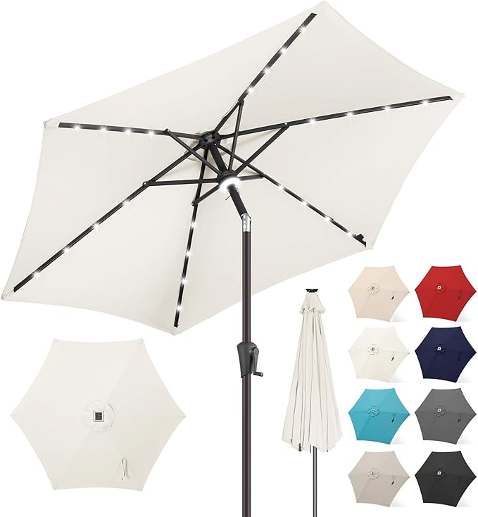 FLAME&SHADE 10ft Solar Outdoor Umbrella - 24 LED Lighted Patio Umbrella with Centre Surround Light, Table Umbrellas with Tilt & Crank for Pool, Porch, Garden, Deck, Backyard UV Protection (Ivory)