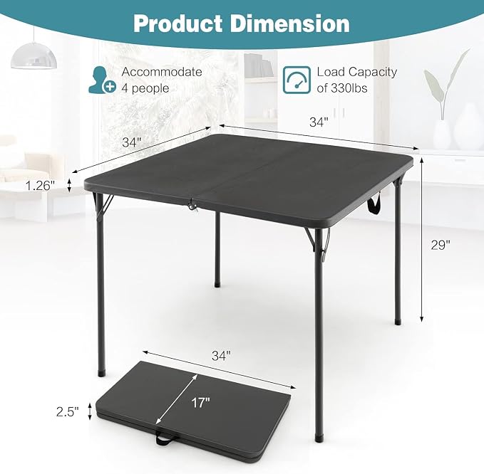 Tangkula 34" Folding Table, Portable Picnic Table with All-Weather HDPE Tabletop, Heavy-Duty Metal Frame, Carry Handle, Fold-in-Half Plastic Outdoor Table for Camping, Dining, BBQ, No Assembly Needed