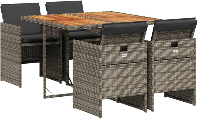 5 Piece Patio Dining Set with Cushions Gray Poly Rattan Outdoor Table and 4 Chairs Folding Backrest Acacia Wood Top Weather Resistant for Garden Backyard Deck Porch Entertaining Relaxing