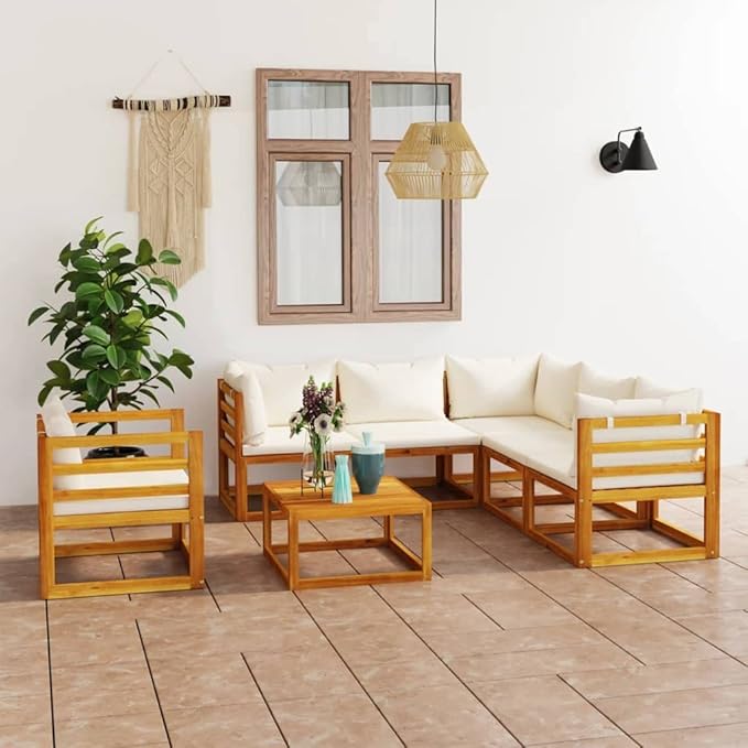 Patio Lounge Set with Cushion,Outdoor Patio Furniture,Outdoor Chat Conversation Set,Garden Furniture Sets,for Patio,Backyard,Garden,Outdoor,7 Piece Cream Solid Acacia Wood