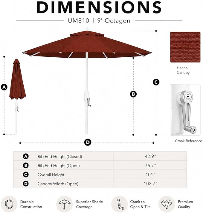 Treasure Garden 9ft Patio Umbrella - Outdoor Furniture Market Umbrella – Deluxe Auto-Tilt – White Aluminum Frame (Sunbrella, Henna)