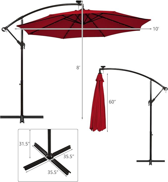 Tangkula 10 Ft Patio Offset Umbrella, 40 LED Lighted Market Umbrella W/8 Sturdy Ribs, Easy Tilt Adjustment & Crank, Polyester Shade, Ideal for Backyard, Garden, Seaside, Store, Pool (Burgundy)