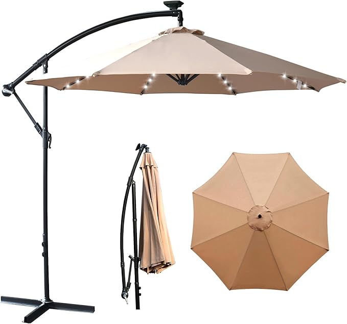 SereneLife 10ft Patio Table Umbrella, 6 Sturdy Ribs with Push Button Tilt and Solar LED Lights, Easy Close Open Crank, Outdoor Furniture for Garden Lawn Deck Pool Beach, Cross Base Included