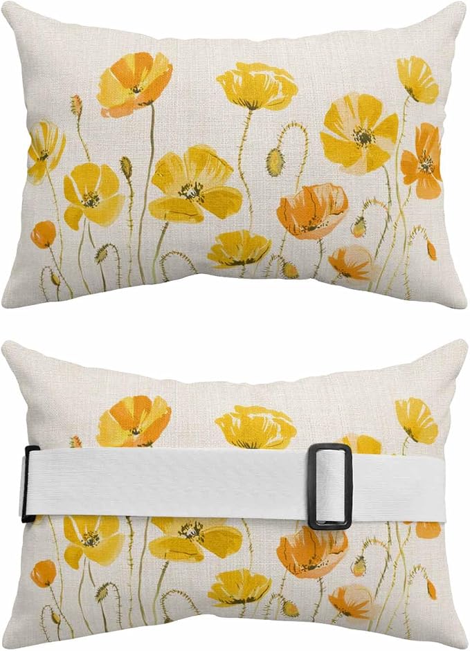 1PCS Outdoor Pillow for Chaise Lounge Chair Spring Yellow Floral Petal Trunk Waterproof Headrest Cushion with Insert Watercolor Flower Retro Linen Adjustable Lumbar Pillow for Beach Patio Pool Office