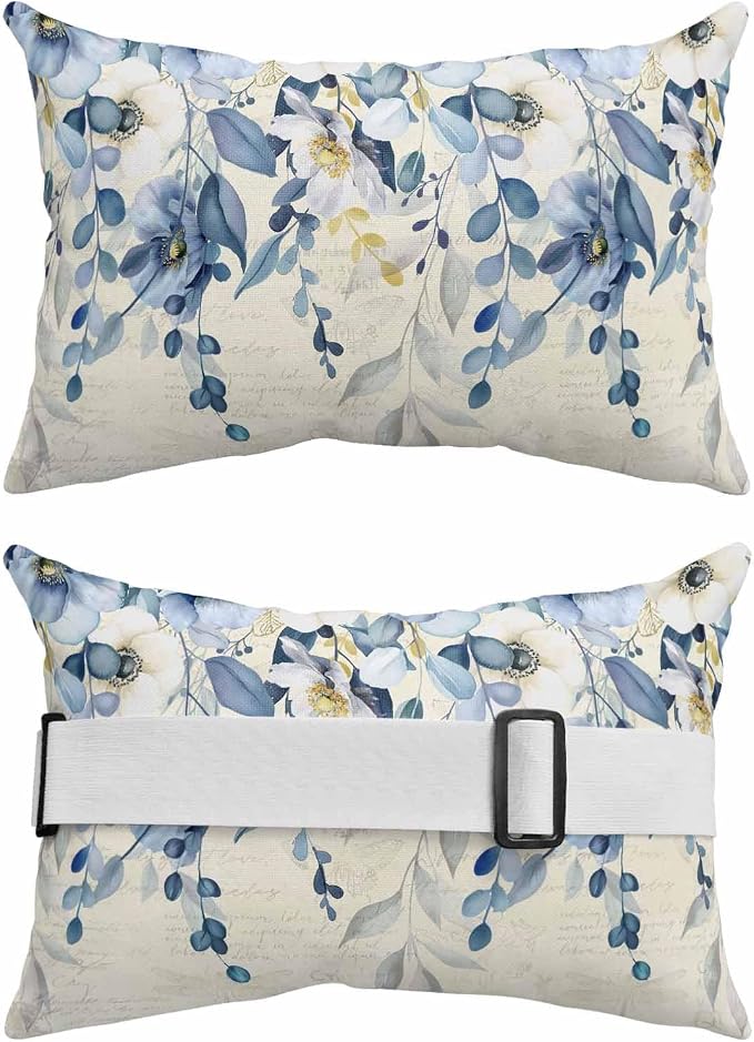 Outdoor Chair Pillow Headrest for Patio Pool Chaise Lounge, Blue Wild Flowers Recliner Head Pillow, Vintage Eucalyptus Leaves Floral Beige Waterproof Pillowcases Neck Lumbar Pillows & Insert 11x16x1