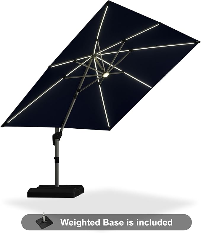 PURPLE LEAF Patio Umbrella with base 10 Feet Outdoor Square Cantilever Umbrella Solar Powered LED with 360-degree Rotation for Garden Deck Pool Patio, Navy Blue