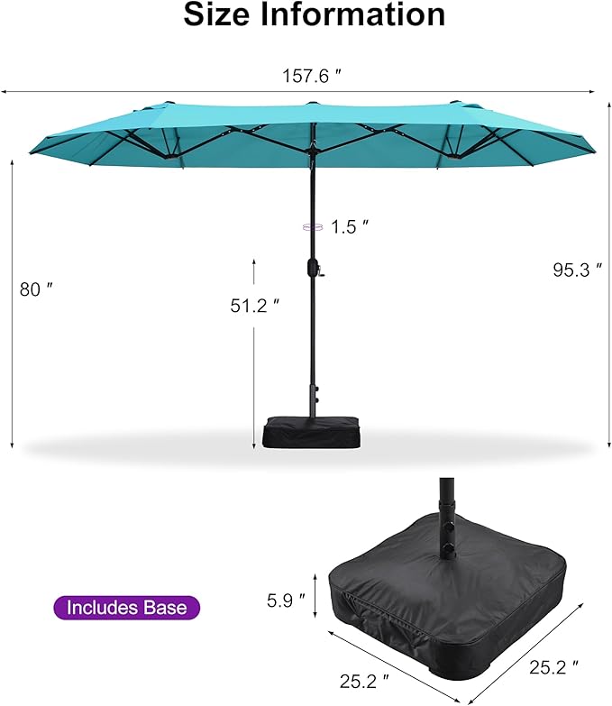 PURPLE LEAF 13ft Patio Market Umbrella with Base Double-Sided Rectangle Outdoor Table Sun Umbrellas with Crank 12 Heavy Duty Sturdy Ribs for Pool Beach Deck Backyard Turquoise Blue