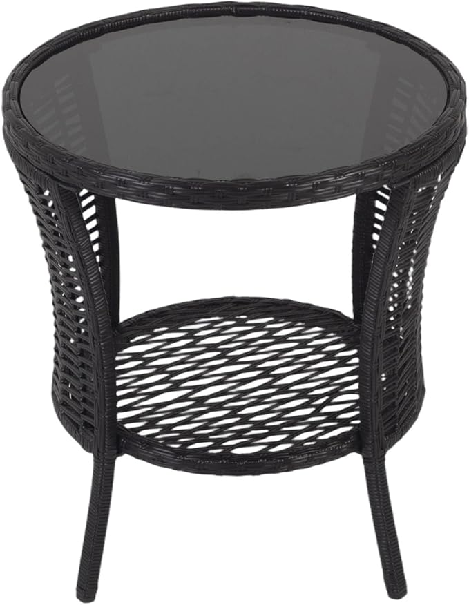 Kinfant Round Outdoor Wicker Side Table - with Tempered Glass Top, Patio End Table with Unique Shape, Storage Shelf for Balcony, Porch, Deck, Garden, Weather-Resistant Rattan, Easy Assembly