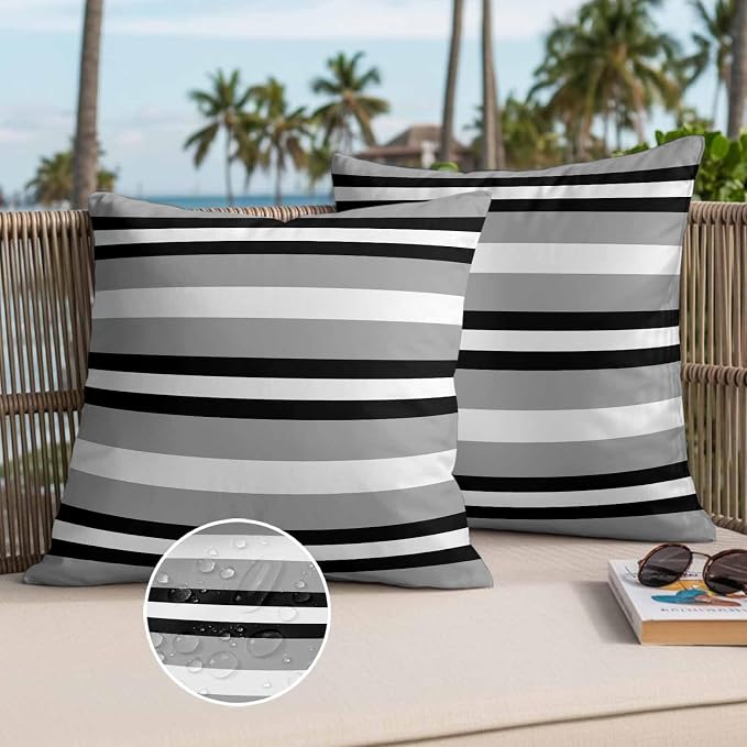Throw Pillow Covers 20x20 Inch Set of 2, Black Gray Striped Waterproof Outdoor Pillow Covers, Contemporary Minimalist Lines Art Decorative Cushion Pillowcases for Couch, Sofa, Bed, Garden, Patio
