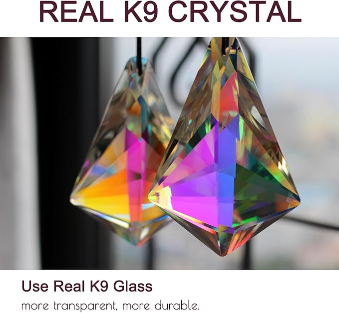2PCS Cone Crystal Suncatcher Prisms for Windows (Chunky Cone) | AB Color, Transparent, K9 Glass, Rainbow Maker, with Hooks & Cord