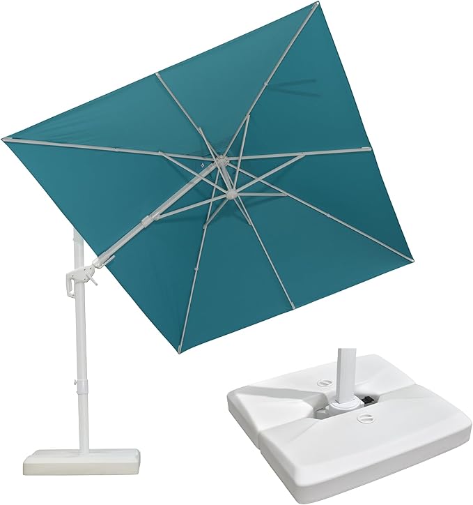 PURPLE LEAF 8' X 11.5' Right-left Tilt White Cantilever Umbrella with Base Patio Outdoor Swivel Umbrellas with Aluminum Tilt Offset Umbrella with 360° Rotation for Deck Pool, Turquoise