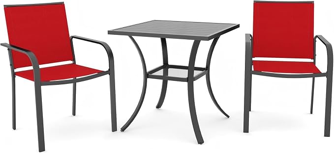 Anmutig 3-Piece Outdoor Dining Set, Small Metal Bistro Table with 2 Stackable Sling Chairs, 27.5 x 27.5 Inch Square Table, Red Fabric