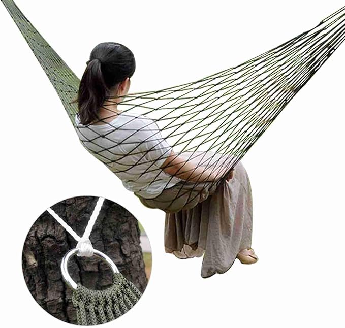Camping Hammock, Comfortable Hanging Bed, Nylon Mesh Rope Hammock, Portable Outdoor Camping Net for Hiking Adventures, Weekend Getaways, and Backyard Relaxation