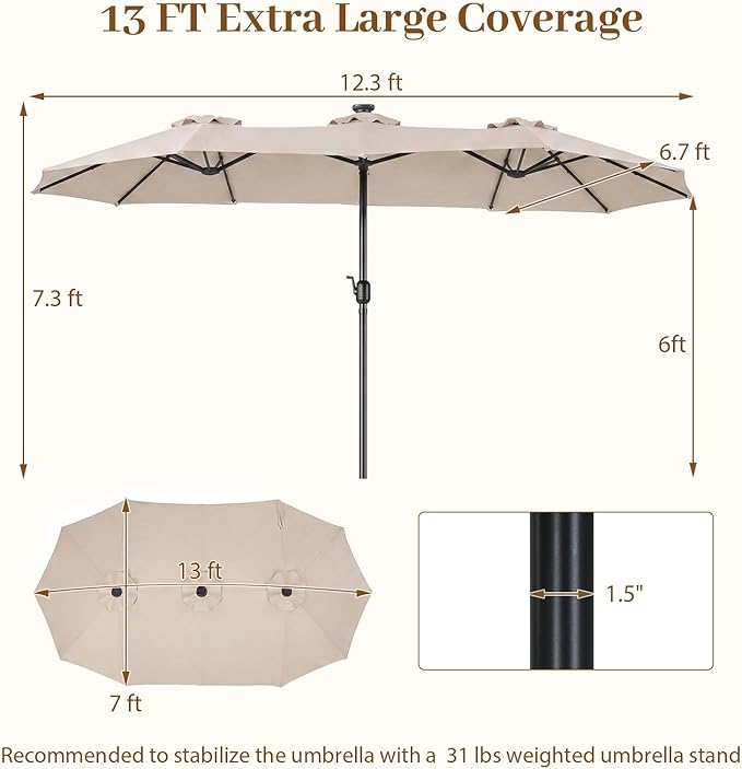Tangkula 13 Ft Solar Patio Umbrella, Double-Sided Extra Large Outdoor Market Table Umbrella with 36 LED Lights, Crank Handle, 12 Sturdy Ribs for Poolside, Garden & Backyard (Beige)