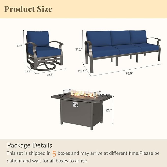 Aluminum Patio Furniture Set with 55,000 BTU Propane Fire Pit Table,8 Seats Metal Modern Outdoor Furniture w/5.1" Cushions,Patio Sectional w/Swivel Chairs for Patio,Backyard,NavyBlue