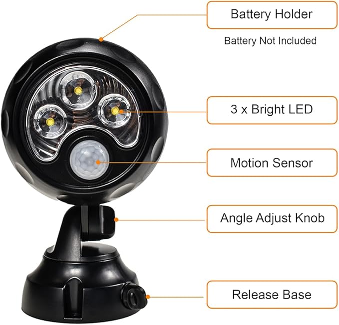 YCB2050 Battery Operated Motion Lights Outdoor, LED Motion Spotlight 5000K Daylight White, Wireless Security Light Uses 4 D-Cell Batteries (Not Included), Black
