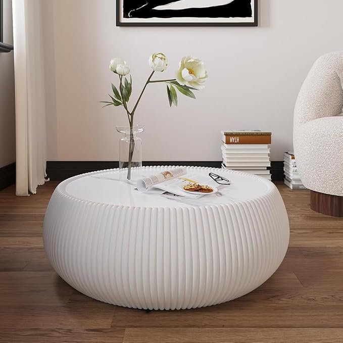 27.55" Round Coffee Table with Marble Top, Luxury Sintered Stone Coffee Table PU Leather Drum Center Tables Circle Cocktail Tea Table for Living Room Apartment No Assembly Cream White