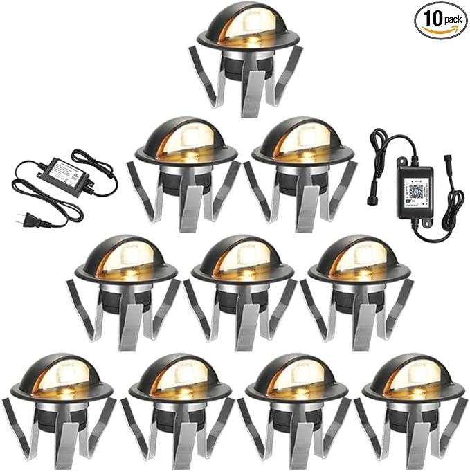 FVTLED WiFi Deck Lights Kit, 10pcs Low Voltage Φ1.38 Outdoor Recessed Step Stair Warm White LED Lighting, Compatible with Alexa Google Home, Black