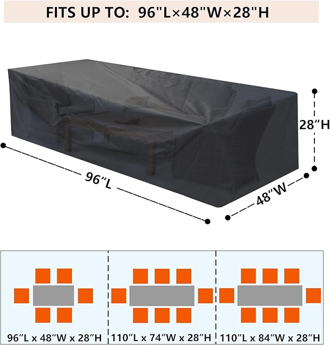 Patio Furniture Cover 96" L x 48" W x 28" H - Heavy Duty Outdoor Patio Table & Chair Cover, Waterproof UV Resistant Dustproof Protector for 8-10 Seats Sectional Sofa, Black