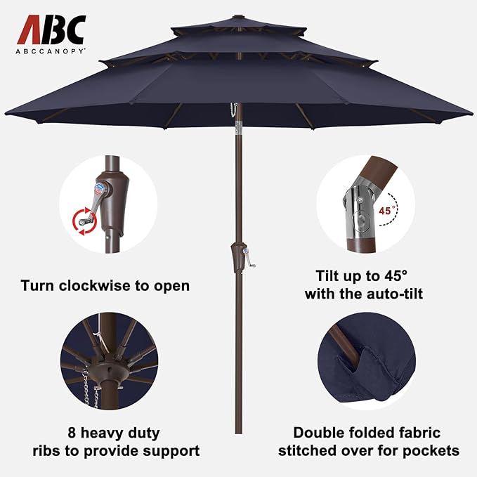 ABCCANOPY 9Ft 3 Tiers Market Umbrella, Outdoor Table Umbrella for Patio, Deck, Backyard (Navy Blue)