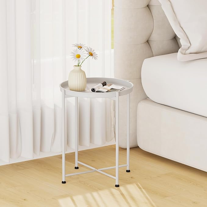 Garden 4 you Small Side Table, White Mini Round End Table, Tray Table with Metal Frame, Modern Nightstand for Living Room, Bedroom, Patio, Small Space, 2pcs