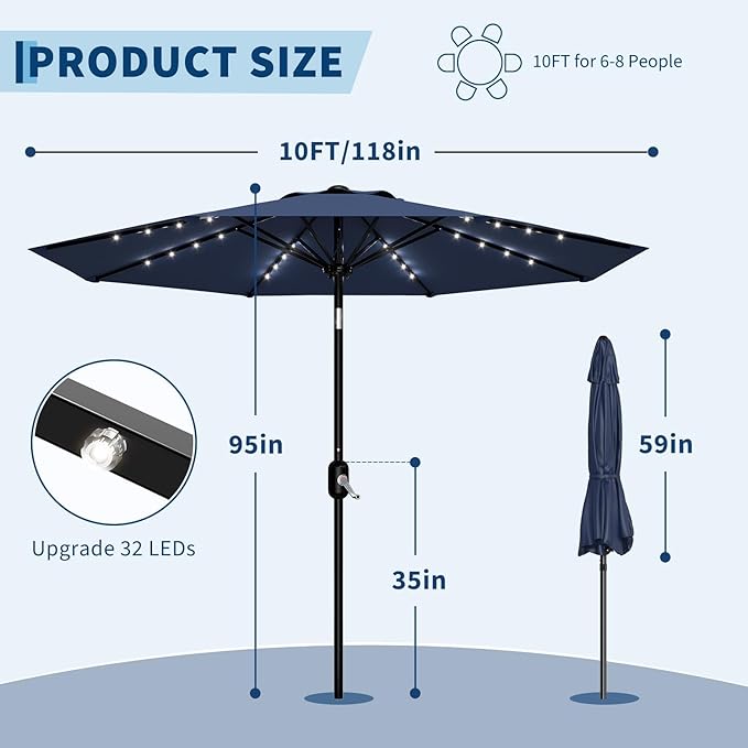 10 ft Patio Umbrella with Solar Lights, Outdoor LED Lighted Umbrella, 40 LED Lights & Tilt Crank, 8 Ribs for Poolside, Deck, Backyard