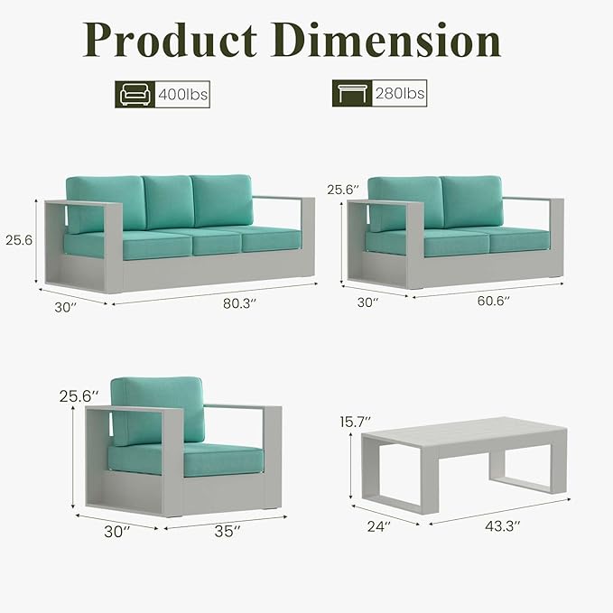 LayinSun Oversized Aluminum Outdoor Furniture Set, 5 Piece Patio Sofa Sets with Coffee Table, Deep Seating and Upgraded 6-inch Cushions for Porch, Balcony, Deck