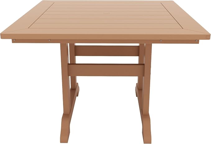 WestinTrends Malibu Outdoor Dining Table, All Weather Poly Lumber Adirondack 43" Trestle Square Patio Table with Umbrella Hole, Teak