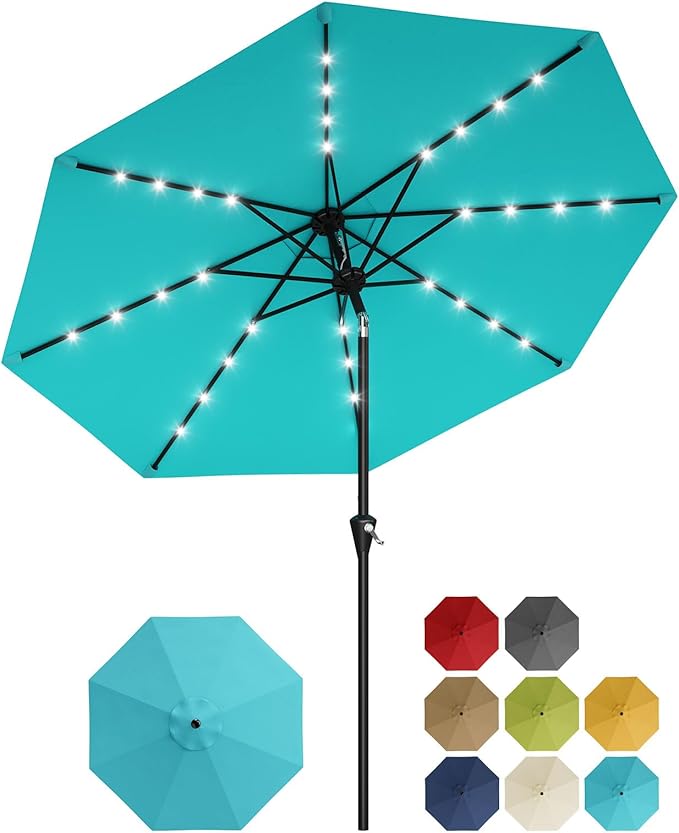 Garvee 10FT Solar Patio Umbrella with 32 LED Lights - Outdoor Table Umbrella with Crank Lift, Push Button Tilt and 8 Sturdy Ribs - Market Umbrella UV Protection for Pool, Deck, Yard, Garden -Sky Blue