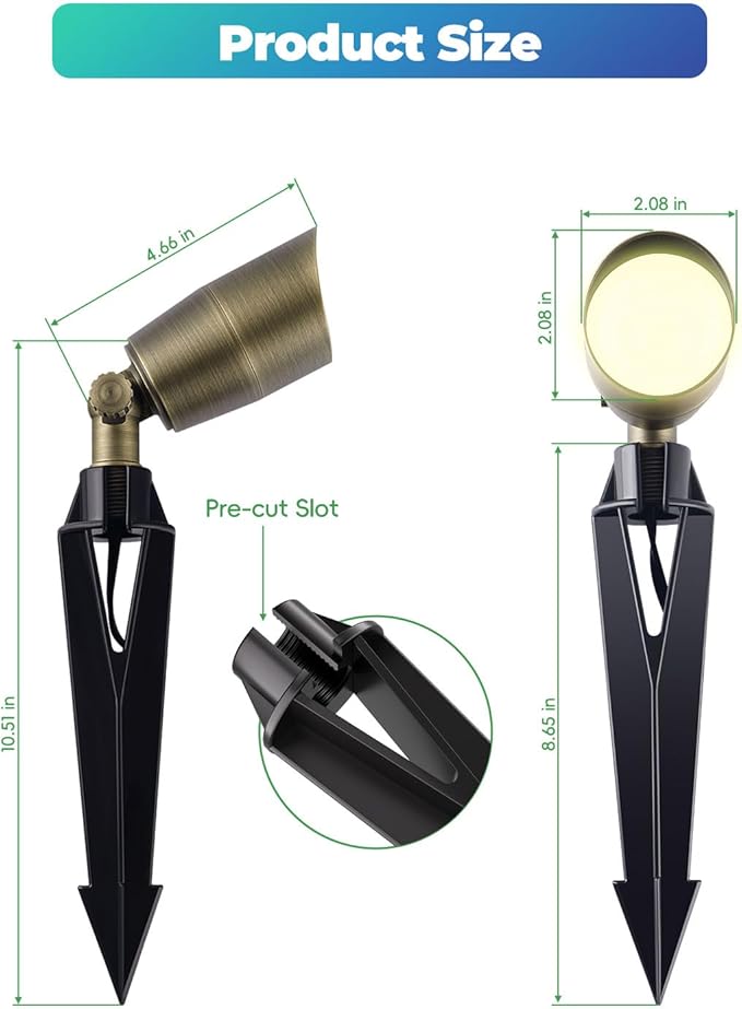 Low Voltage Brass Landscape Light, Solid Outdoor Spotlight with Replaceable MR16 LED Bulb 5W, 2700K Warm White, 12V 24V Landscape Lighting, Waterproof Design for Garden, Yard