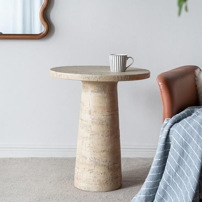 Faux Stone Side Table Round End Table Patio Small Drink Table for Small Spaces, Rustic Circle Pedestal End Tables Farmhouse Nightstand for Living Room Bedroom Corners Office Outdoor (Cream)