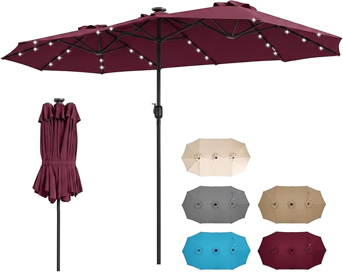 Tangkula 13 Ft Solar Patio Umbrella, Double-Sided Extra Large Outdoor Market Table Umbrella with 36 LED Lights, Crank Handle, 12 Sturdy Ribs for Poolside, Garden & Backyard (Burgundy)