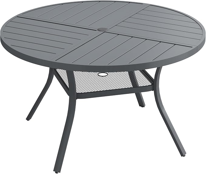 47.2" Outdoor Dining Table with Adjustable Umbrella Hole, Metal Slatted Round Patio Dining Table for Backyard Garden Deck, Dark Grey
