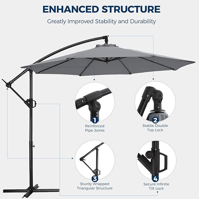 HOMSHADE 10ft Offset Patio Umbrella with Base Included, Cantilever Hanging Outdoor Market Umbrella UPF50+ UV Protection with Easy Tilt and Crank for Pool Deck and Garden (Grey)
