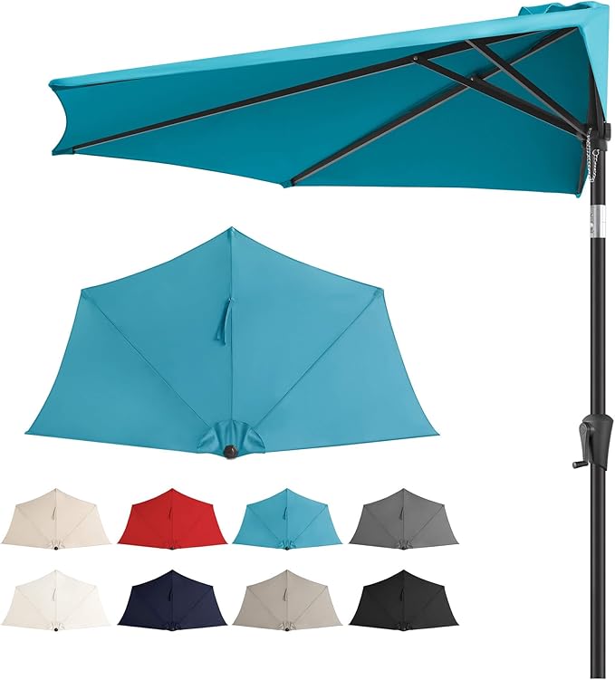 9ft Half Umbrellas Outdoor - Half Patio Umbrella with Tilt, UV Protection Waterproof, Half Round Umbrella for Wall Balcony, Pool, Porch, Garden, Deck, Backyard (Aqua Blue)