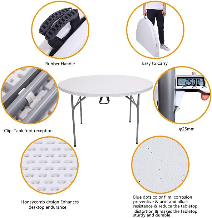 Simply-Me Patio Dining Table 48 Inch Fold-in-Half Round Folding Table Indoor Outdoor Utility Table with 4 Steel Feet,Carrying Handle,White