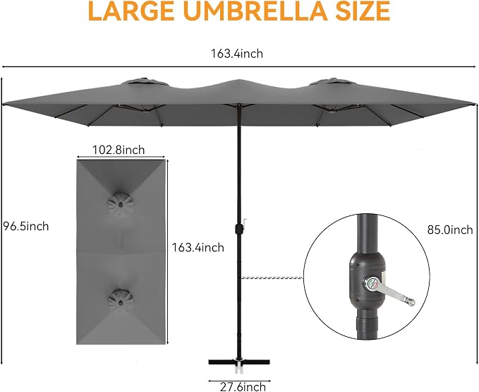 8 PCS Outdoor Patio Dining Set with 13.6ft Double-Sided Patio Umbrella,Patio Table and Chairs Metal Outdoor Patio Furniture Set,Dining Table Set with 6 Swivel Chairs,Grey