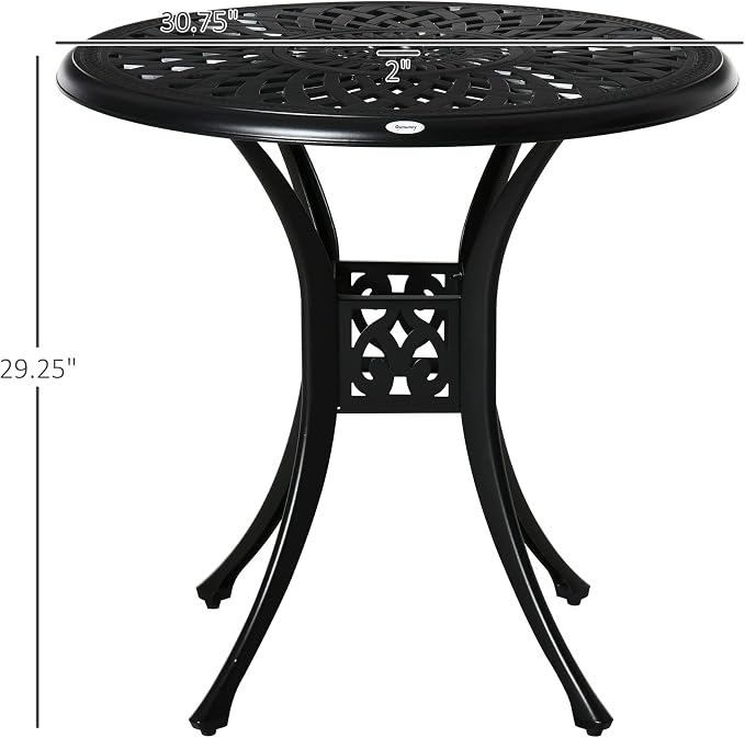 Outsunny 30" Round Patio Dining Table with Umbrella Hole, Antique Cast Aluminum Outdoor Bistro Table Only, Black