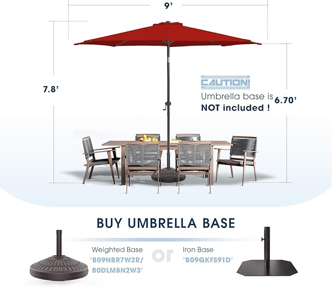 wikiwiki 9 FT Patio Umbrellas Outdoor Table Market Umbrella with Push Button Tilt/Crank, 8 Sturdy Ribs, Fade Resistant Waterproof POLYESTER DTY Canopy for Garden, Lawn, Deck, Backyard & Pool, Red