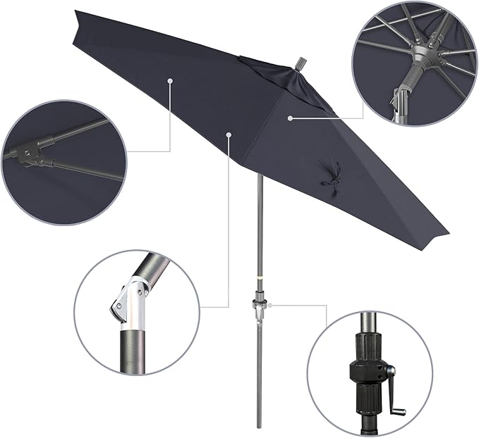 California Umbrella 9' Rd. Crank Lift, Collar Tilt, Aluminum Pole, Fiberglass Rib Patio Umbrella, Hammertone Grey Finish, Sunbrella Navy