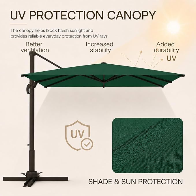 Kingdura 8' X 8' Cantilever Patio Umbrella with Base Included, Large Square Outdoor Offset Umbrella with 360-degree Rotation, 4 Position Tilt, UV Protection for Pool Deck Garden Patio (Dark green)