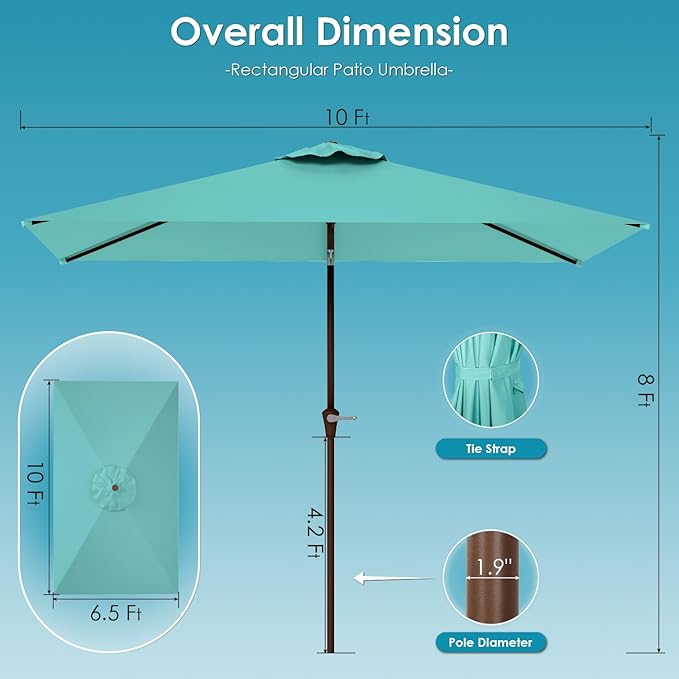 GREENVINES 6.5X10 FT Rectangular-Patio-Umbrella | Outdoor-Table-Umbrellas | 6 Sturdy Steel Ribs | Push Button Tilt & Crank | Waterproof | Market Umbrella | for Pool Backyard Garden | Peacock Blue