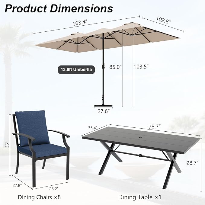 10-Piece Patio Dining Set,Metal Outdoor Furniture Set Includes 13.6FT Sand Umbrella,Hole Cut-Out 78.7" x 35.4" Table and 8 Metal Backrest Chairs for Backyard,Garden,Navy