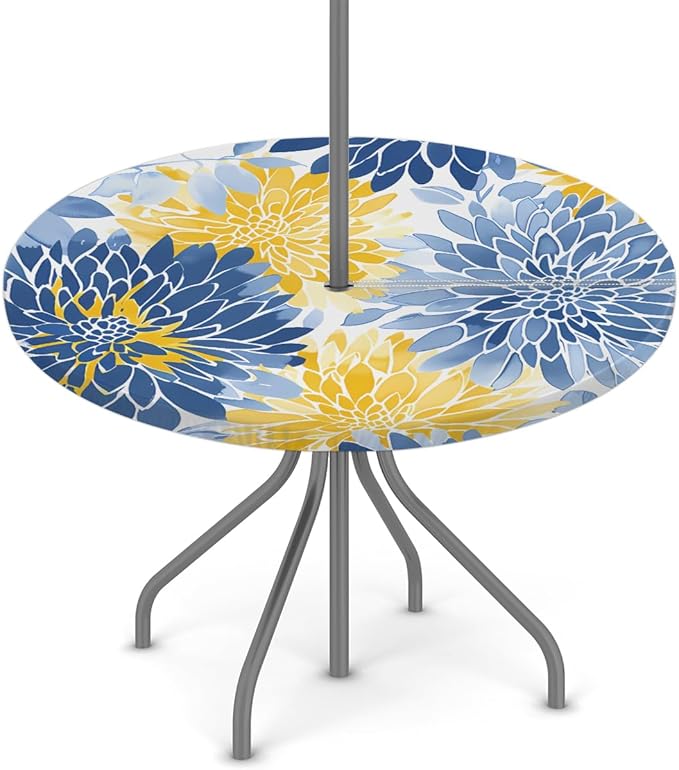 OSAM SPACE Outdoor Tablecloth with Umbrella Hole, Round Elastic Fitted Table Cloth with Invisible Zipper,Blue Yellow Chrysanthemum Flower Picnic Patio Table Cover 45-56in