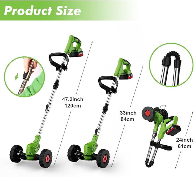 Cordless String Trimmer,21V 2.0Ah Battery, Fast Charger & 4 Types Blades, Lightweight Lawn Trimmer with Wheels, Grass Trimmer/Brush Cutter/Lawn Edger for Garden