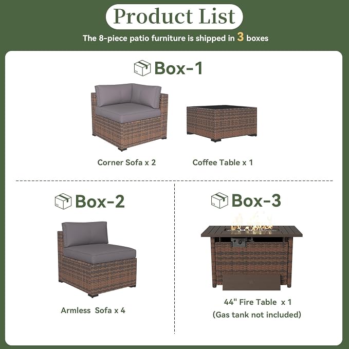 Aoxun 8 Piece Patio Furniture Set with 44” Fire Pit Table Wicker Rattan Outdoor Sectional Sofa Set with Coffee Table and Thickened Cushions, Gray